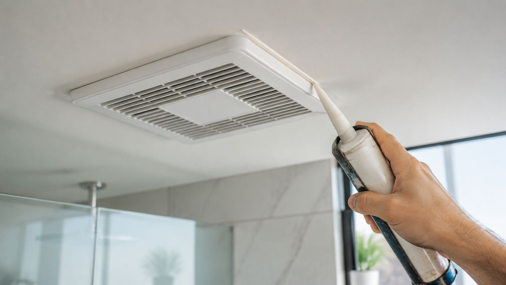 En hånd bruger en fugepistol til at påføre tætningsmiddel omkring kanten af en badeværelsesventilator i loftet.