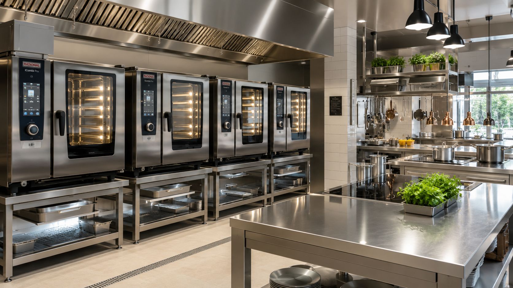 Professionelt industrikøkken med moderne Rational-ovne i rustfrit stål til effektiv tilberedning og rengøring af mad.