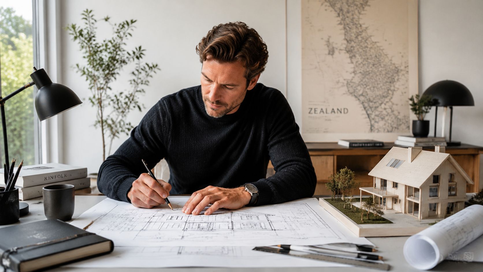 En arkitekt arbejder koncentreret ved sit skrivebord med byggetegninger og en lille model af et moderne hus.