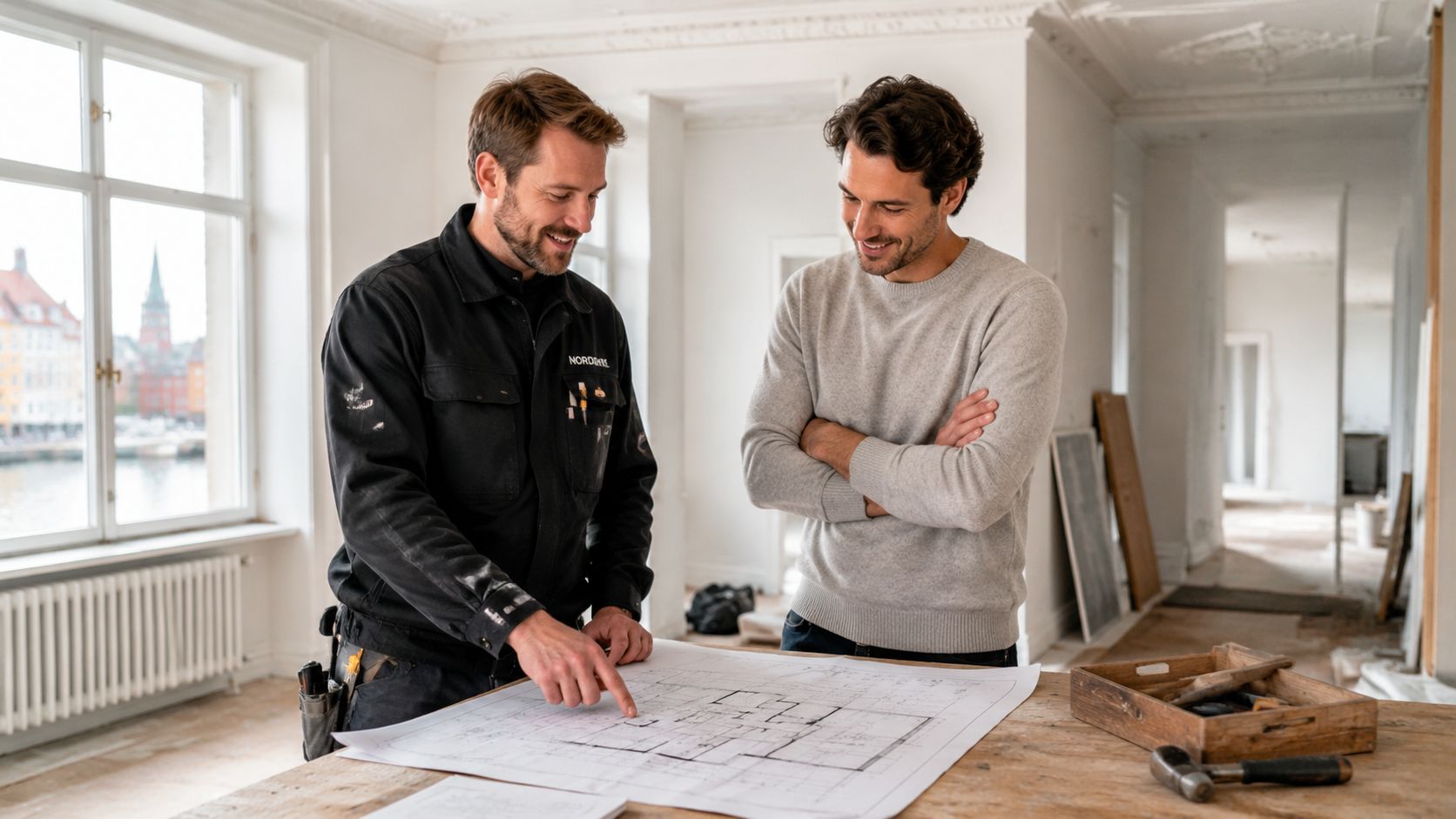En håndværker og en bygherre gennemgår arkitekttegninger i en renoveringsklar lejlighed med udsigt over Københavns kanaler.