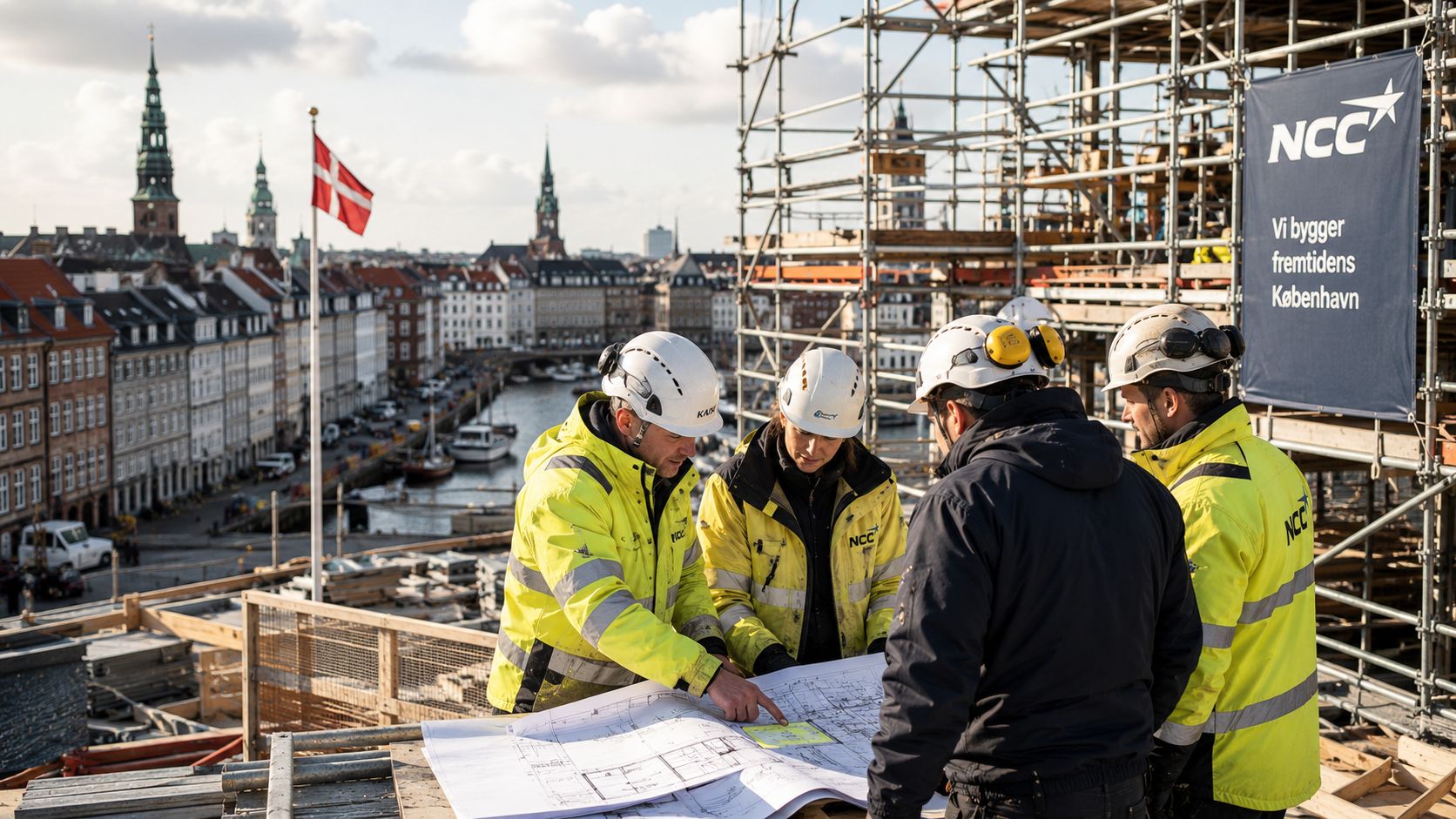 Byggeledere fra NCC gennemgår tegninger på en byggeplads med udsigt over Københavns bymidte og kanaler.
