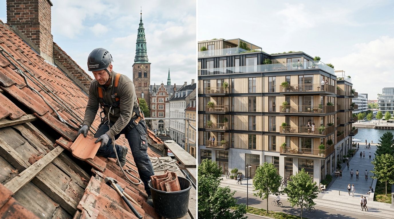 En tagdækker arbejder på et historisk tag i København ved siden af en moderne nybyggeriejendom ved vandet.