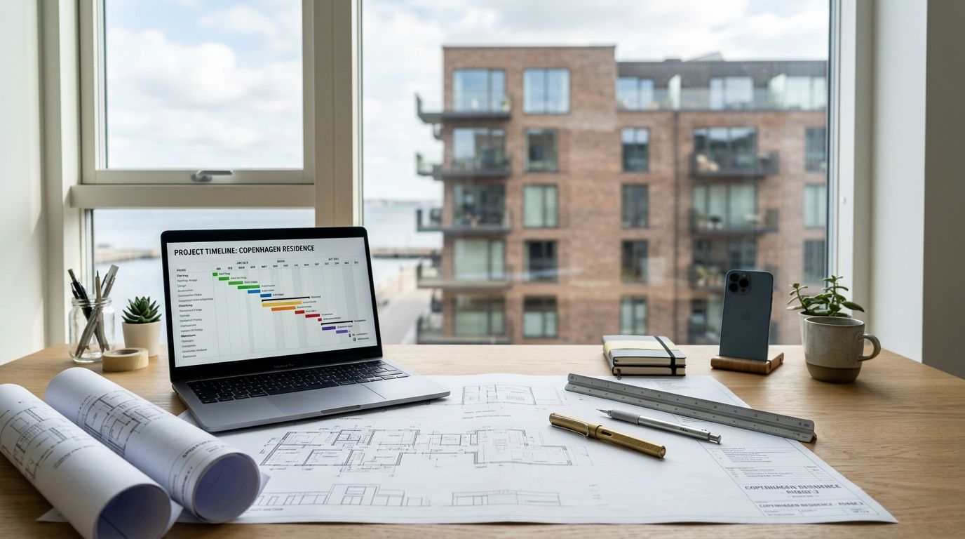 Et skrivebord med arkitekttegninger, en bærbar computer og planlægningsværktøjer foran et vindue med udsigt over København.