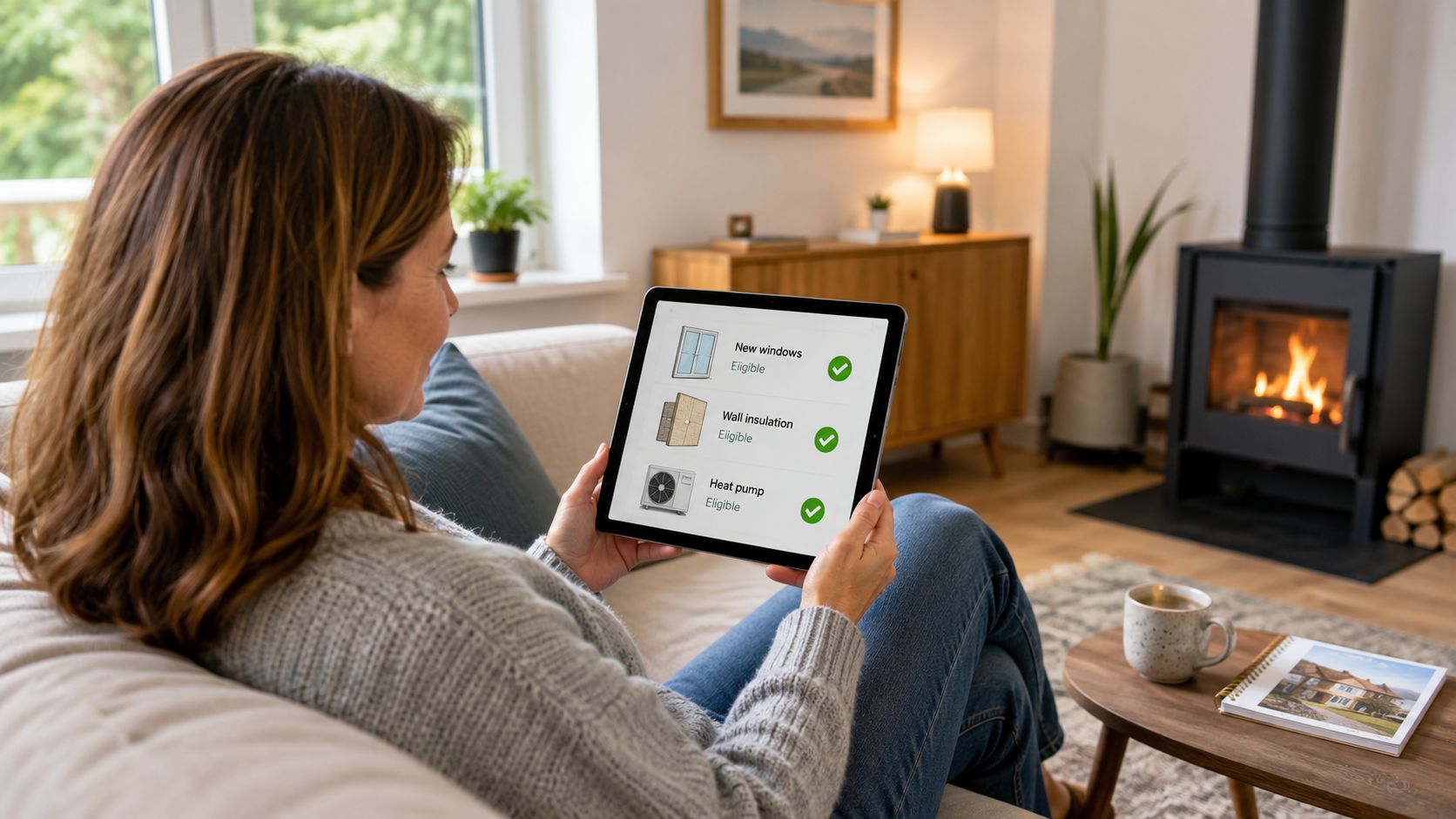 En kvinde sidder i sofaen og bruger en tablet til at tjekke tilskudsmuligheder til energirenovering af boligen.
