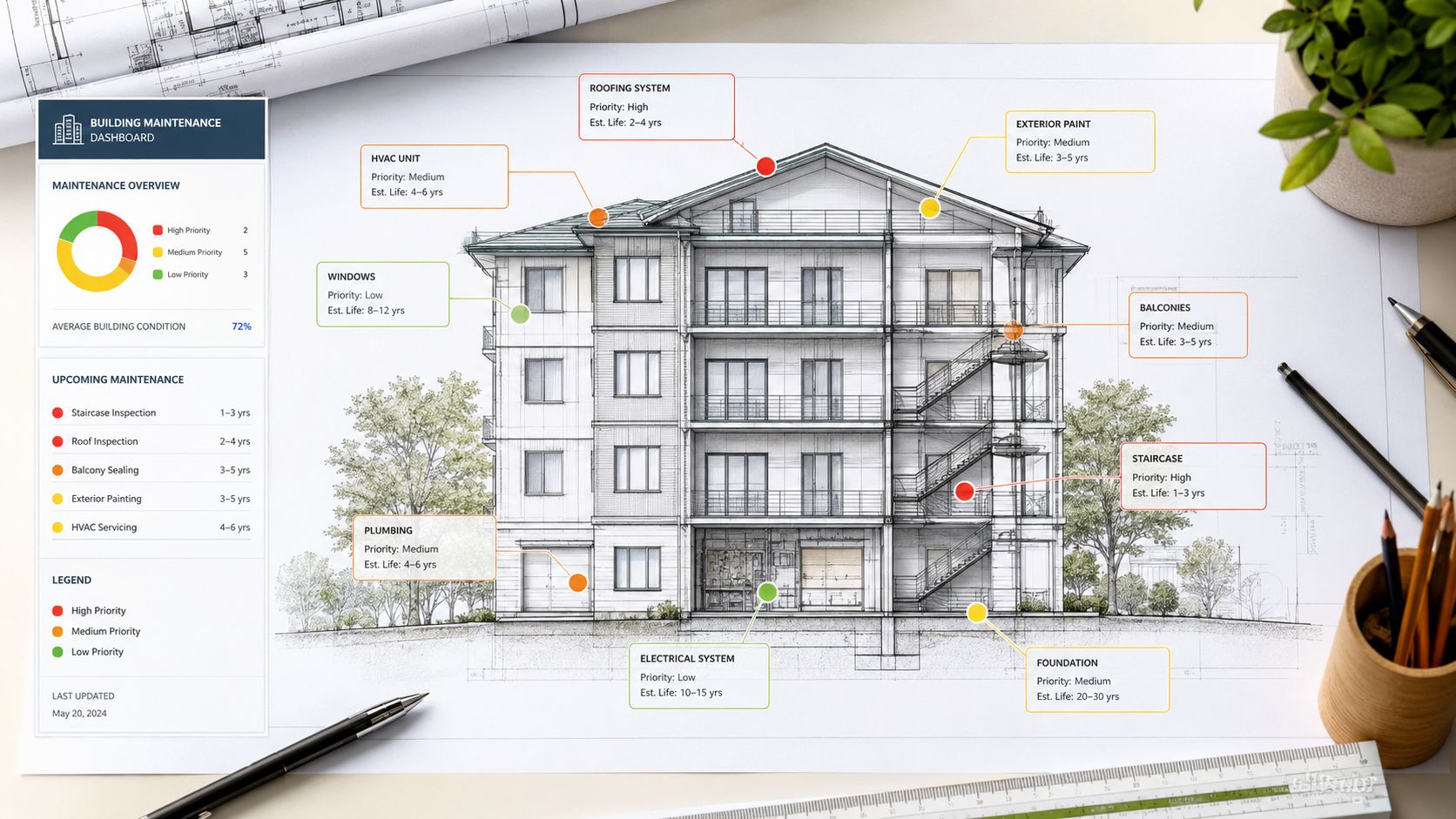 En detaljeret arkitekttegning af en bygning med en vedligeholdelsesplan, der viser prioriteter og forventet levetid for bygningsdele.