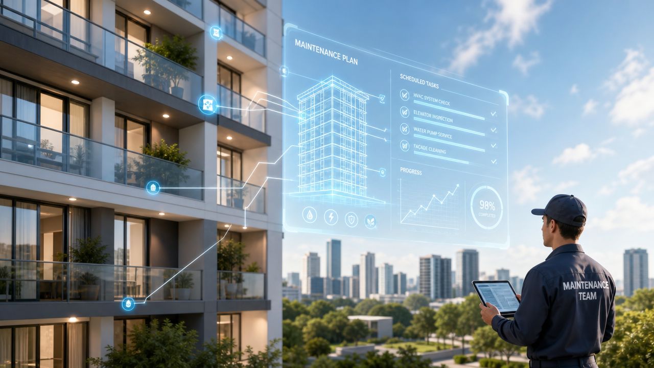 En servicemedarbejder bruger en digital tablet til at overvåge vedligeholdelsen af en moderne boligblok med en hologramskærm.