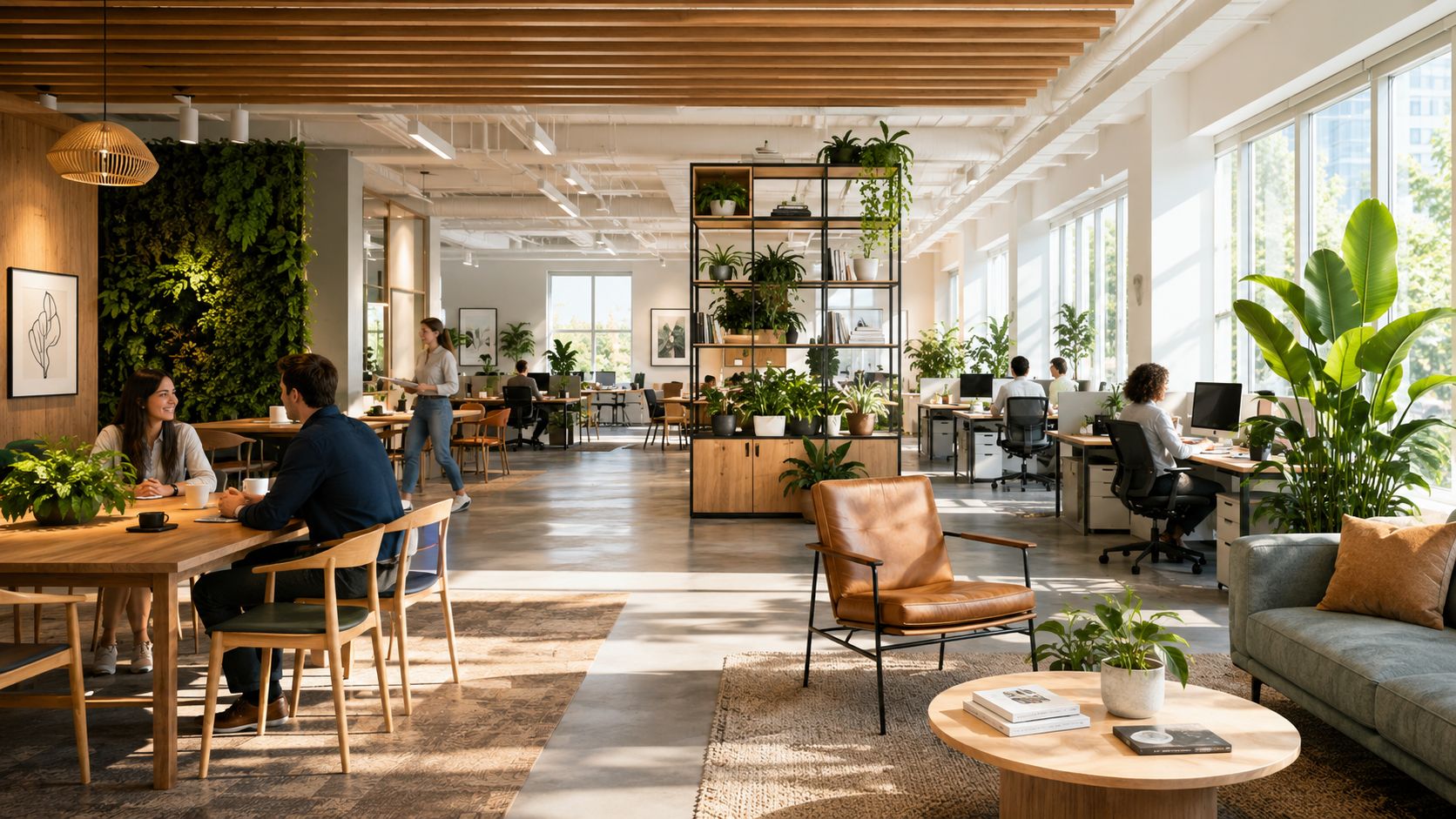 Moderne åbent kontormiljø med planter, naturligt lys og medarbejdere ved deres skriveborde og mødebord.