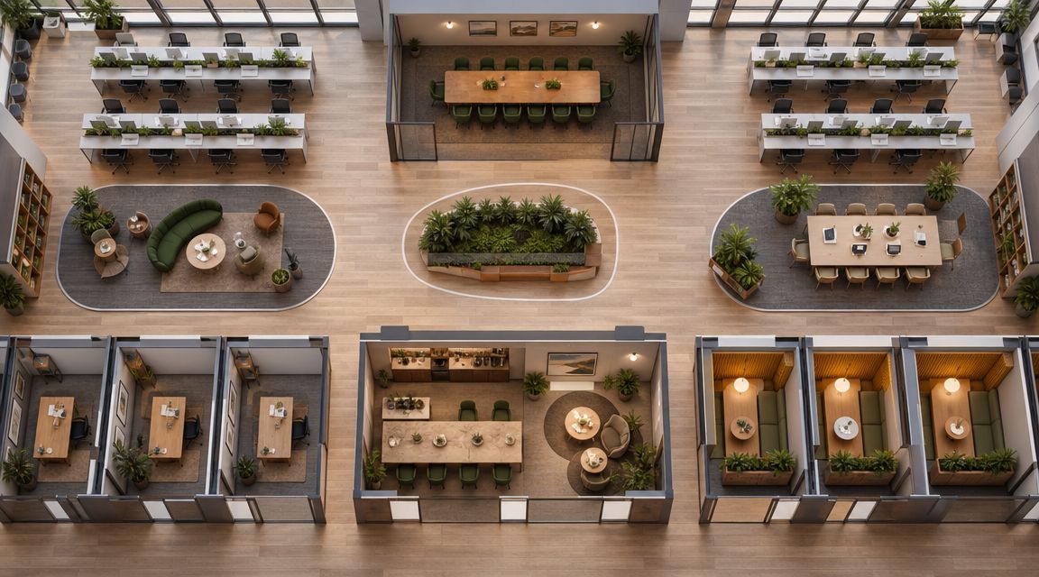 Et moderne kontorlandskab set ovenfra med forskellige arbejdsstationer, mødelokaler, afslapningsområder og masser af grønne planter.
