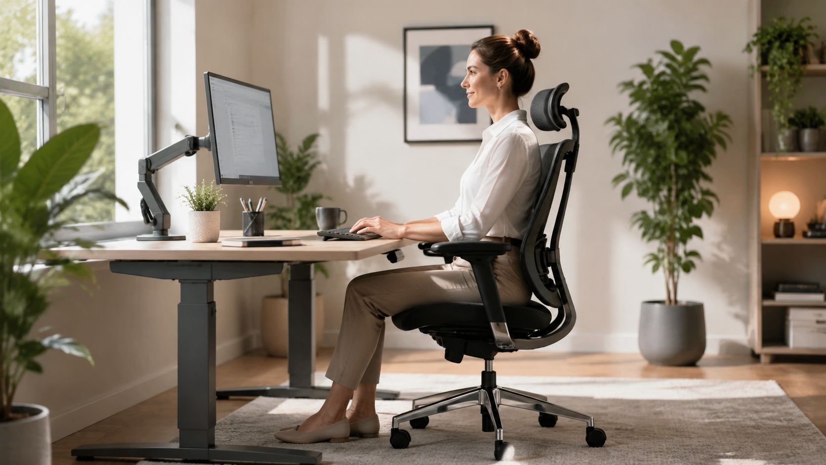 En kvinde arbejder ved et ergonomisk skrivebord på et moderne og lyst hjemmekontor med grønne planter.