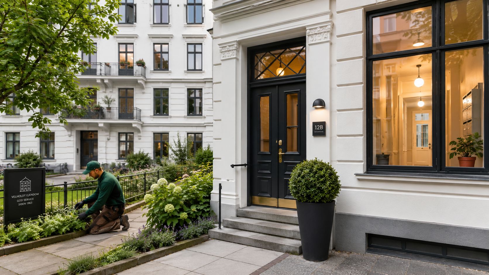En ejendomsservicemedarbejder passer blomsterbedet foran en flot vedligeholdt historisk bygning med sorte detaljer i København.