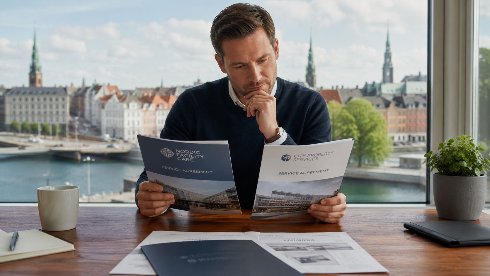 En professionel mand gennemgår ejendomsservice-kontrakter ved et skrivebord med udsigt over Københavns bybillede og havnefront.