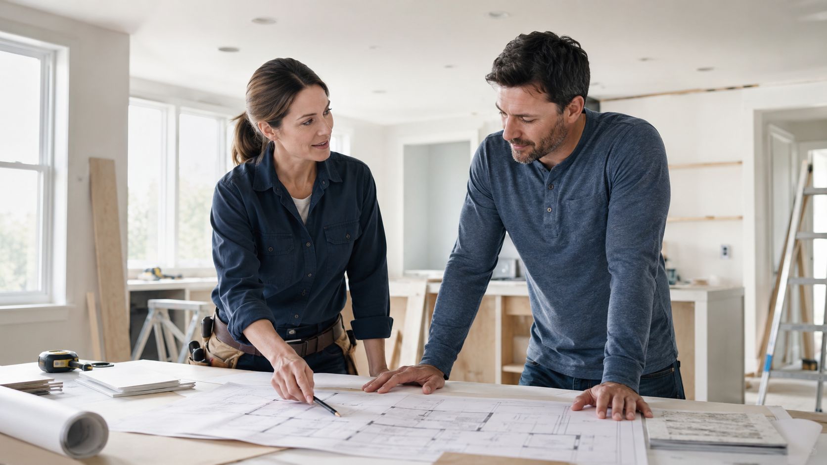 En kvindelig og en mandlig håndværker kigger på byggetegninger i et hus under renovering.