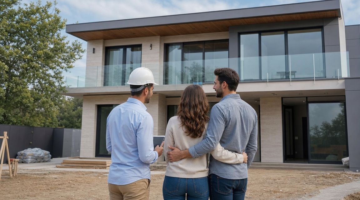 En ejendomsmægler med hjelm viser et moderne hus under opførelse til et ungt par.