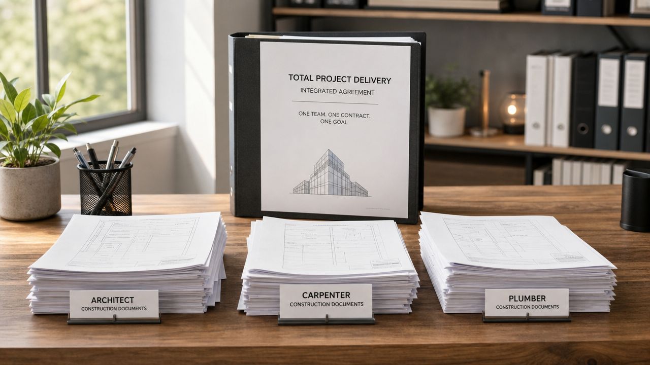 En mappe med titlen Total Project Delivery placeret på et kontorbord ved siden af tre stakke byggedokumenter.