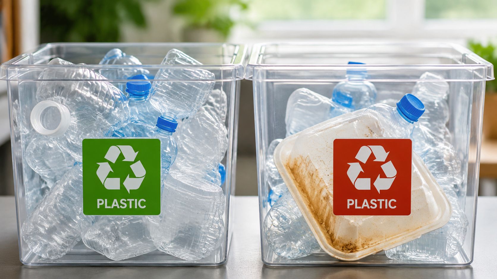 To gennemsigtige beholdere til affaldssortering fyldt med brugte plastflasker og plastemballage placeret på et bord.