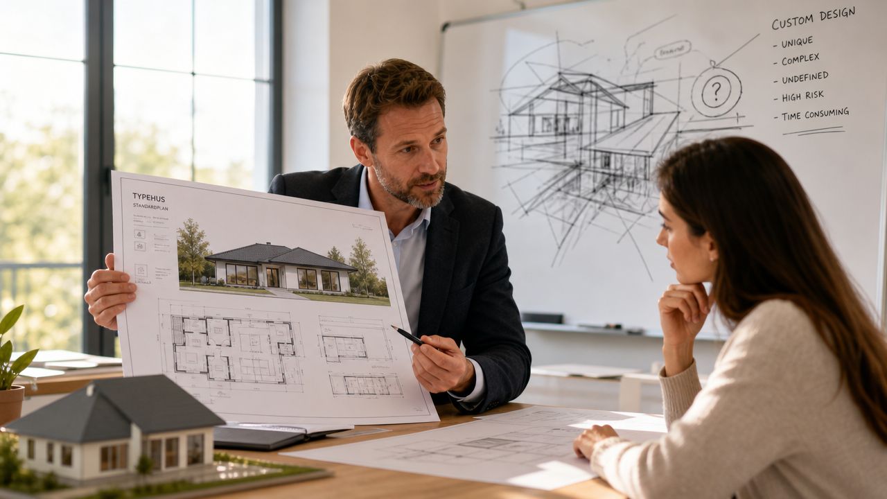 Arkitekt fremviser plantegninger af et hus til en kunde under et møde på kontoret.