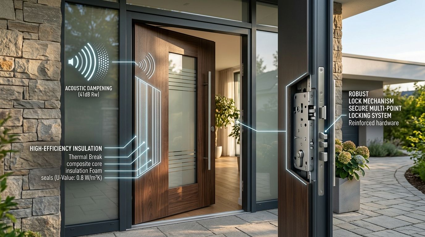 Moderne hoveddør med fokus på lydisolering, energieffektivitet og et sikkert låsesystem til boligen.