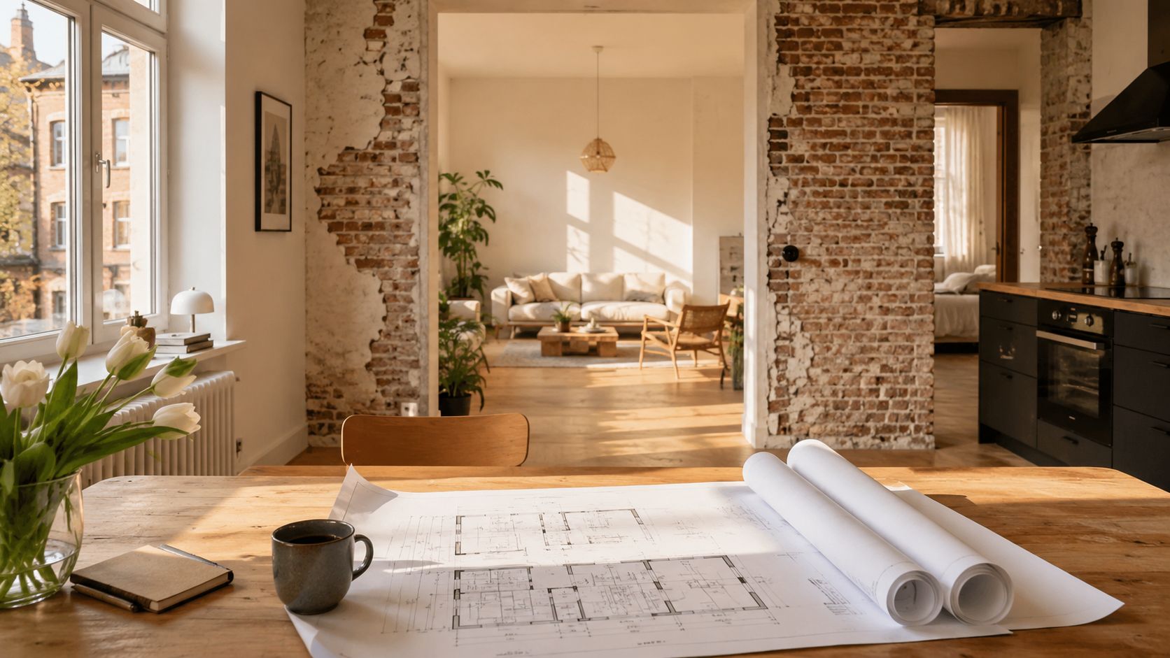 Arkitekttegninger på et træbord i en lys lejlighed med moderne interiør og rå murstensvægge.