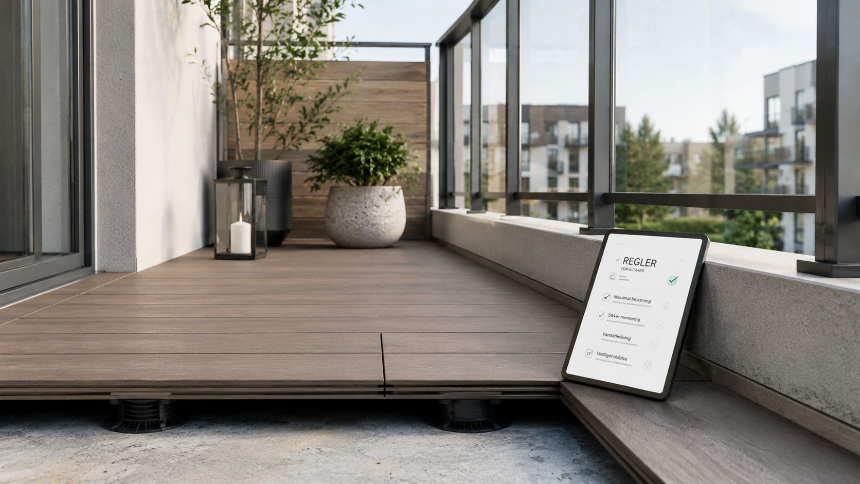 Moderne terrassegulv på en altan med justerbare støtteben og en tablet der viser regler for altaner.