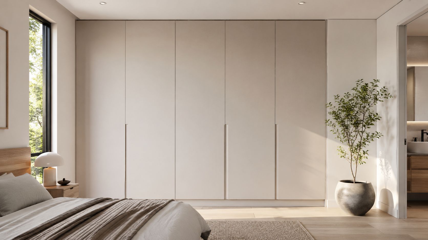 Moderne soveværelse med en stor indbygget garderobe i beige nuancer, træmøbler og en dekorativ plante i potte.