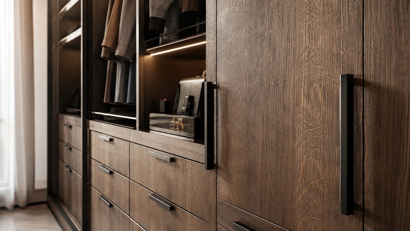 Luksuriøs indbygget garderobe i mørkt træ med moderne sorte håndtag og elegant belysning i skabene.