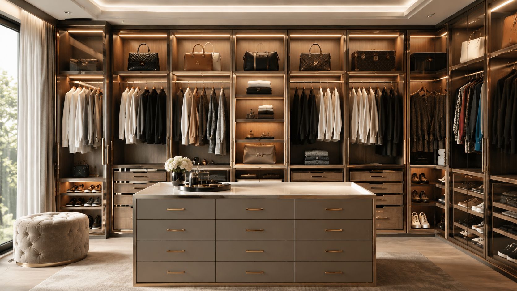 En luksuriøs moderne indbygget garderobe med elegante hylder, belysning og en central ø til opbevaring.