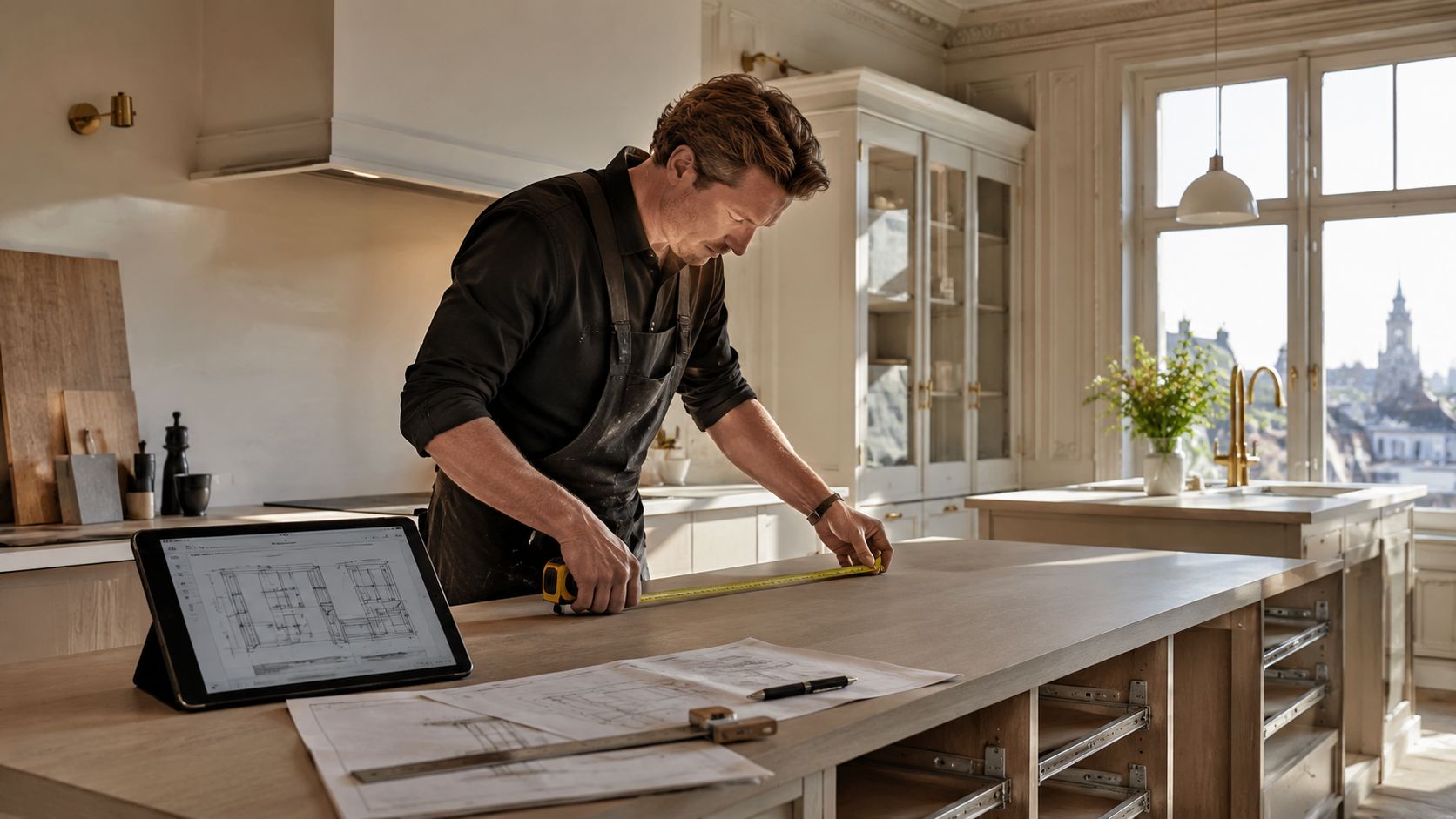 En håndværker måler en bordplade i et snedkerkøkken ved hjælp af tegninger på en tablet og papir.