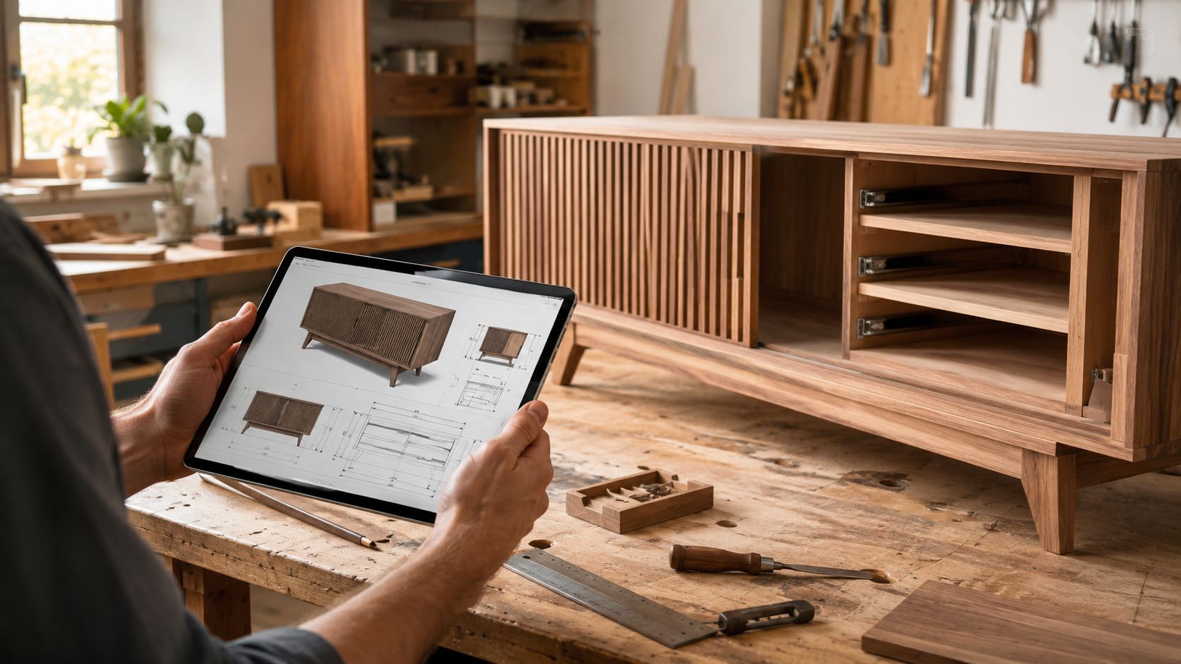En snedker kigger på digitale tegninger af et skab på en tablet i sit professionelle træværksted.