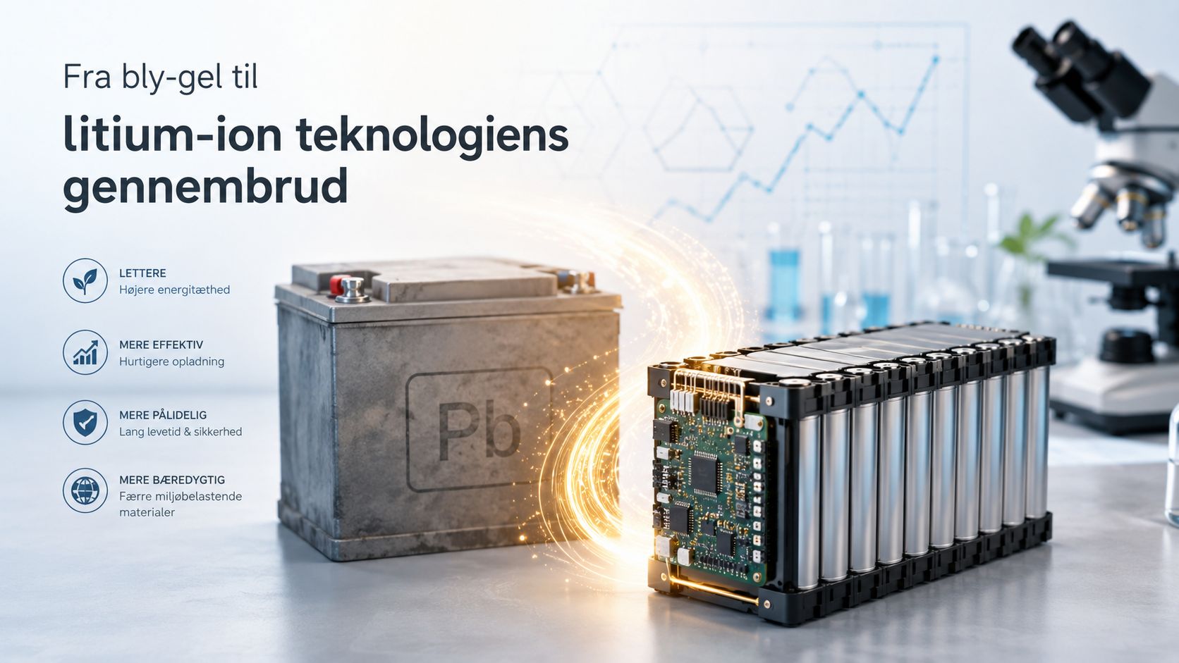 En sammenligning mellem et traditionelt blybatteri og en moderne, effektiv litium-ion batteripakke med et integreret kredsløbskort.