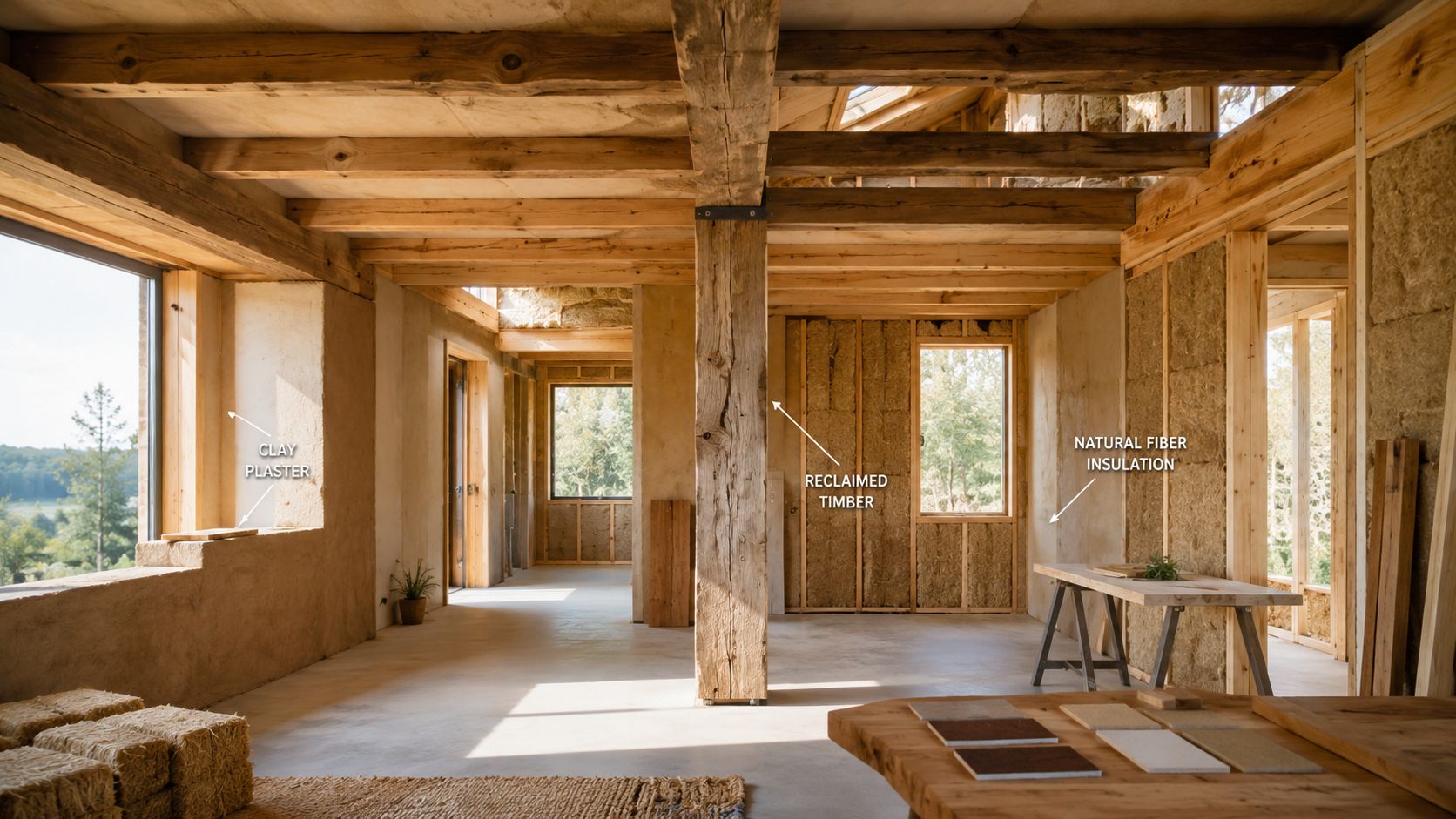 Indvendig visning af et bæredygtigt hus under konstruktion med naturlige byggematerialer som lerpuds, genbrugstræ og isolering.