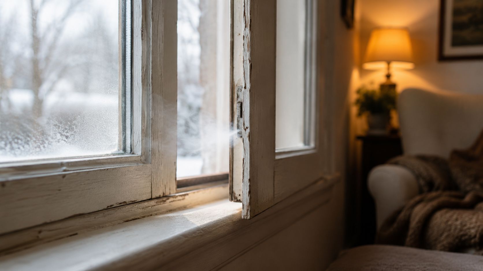 Et åbent gammelt trævindue med frost på ruden, mens varm damp strømmer ind i et lunt stuerum.