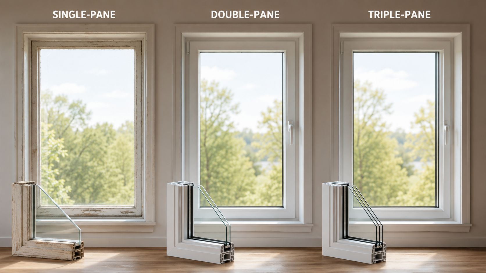 Tre forskellige vinduestyper med enkelt-, dobbelt- og tredobbelt glas til sammenligning af isolering og energieffektivitet i boligen.
