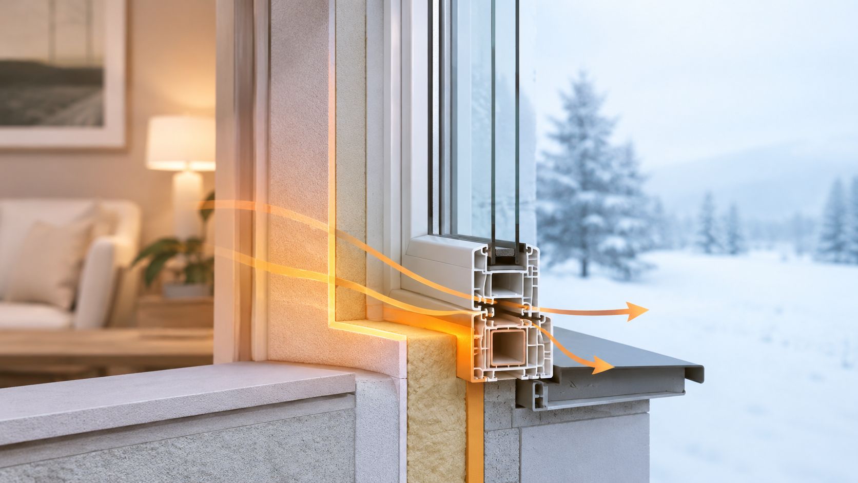 Tværsnit af energieffektivt vindue der illustrerer varmetab fra en opvarmet stue til det kolde vintervejr udenfor.