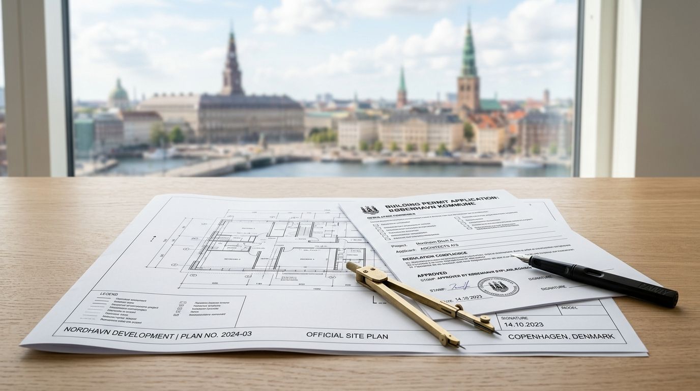Arkitektoniske tegninger og en byggetilladelse på et skrivebord med udsigt over Københavns havn og historiske bygninger.