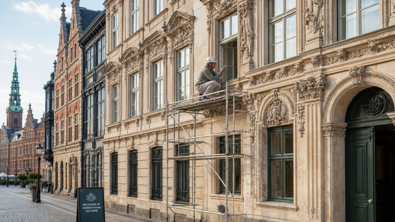 En bygningsarbejder udfører facaderenovering på en historisk bygning i København fra et stillads ved vinduet.