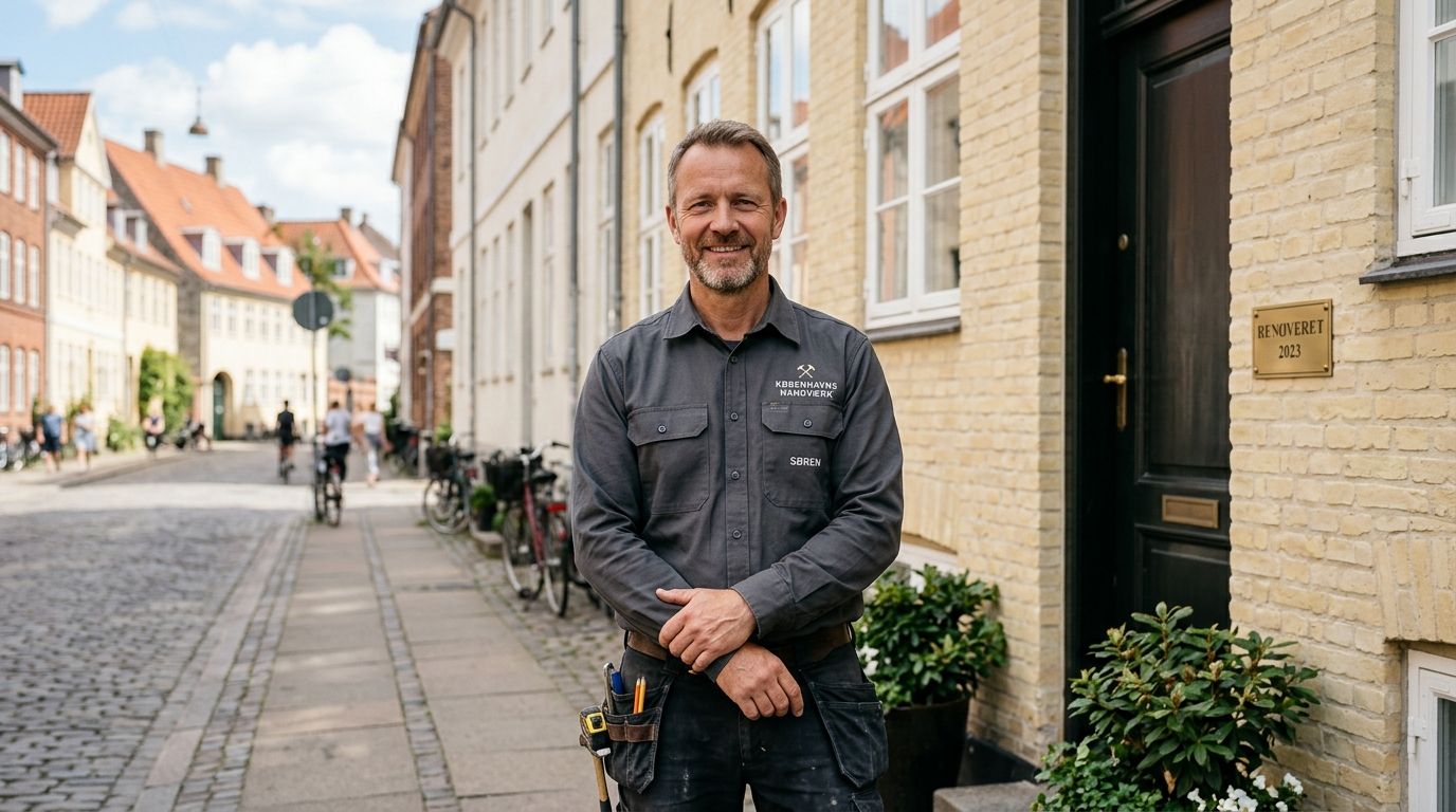 En professionel håndværker smiler foran en nyligt renoveret historisk ejendom i en hyggelig københavnsk gade.