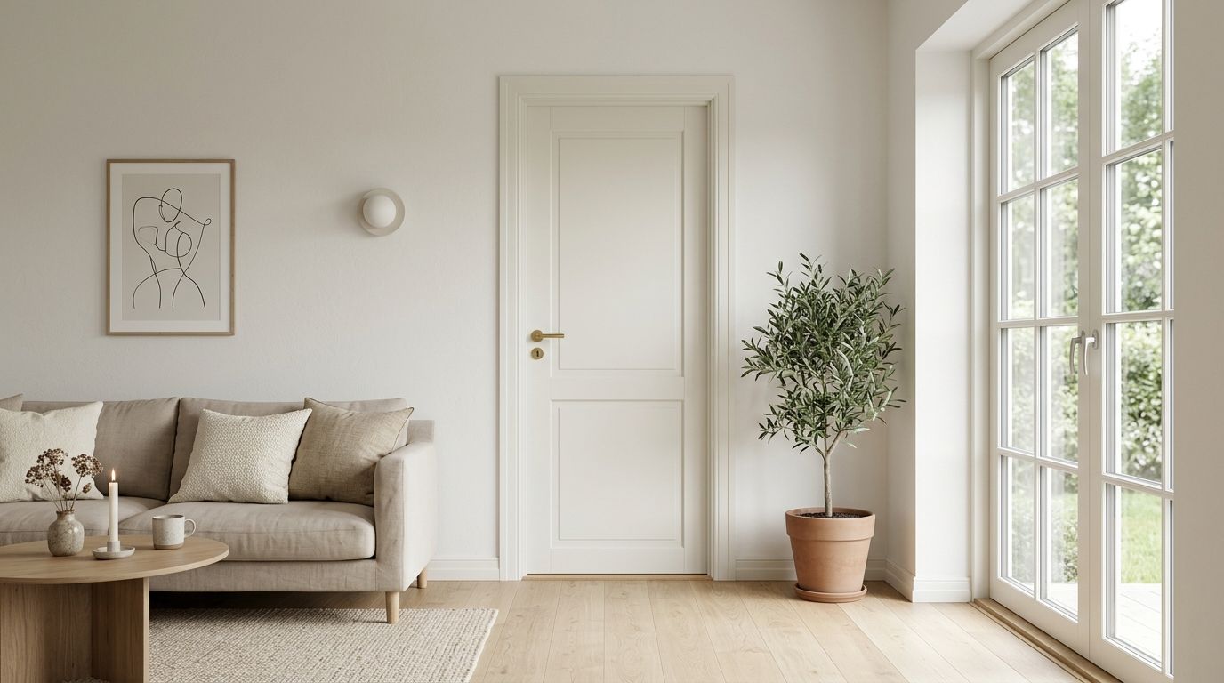 En stilfuld, lys stue med en beige sofa, en dør, en potteplante og store vinduer i dagslys.