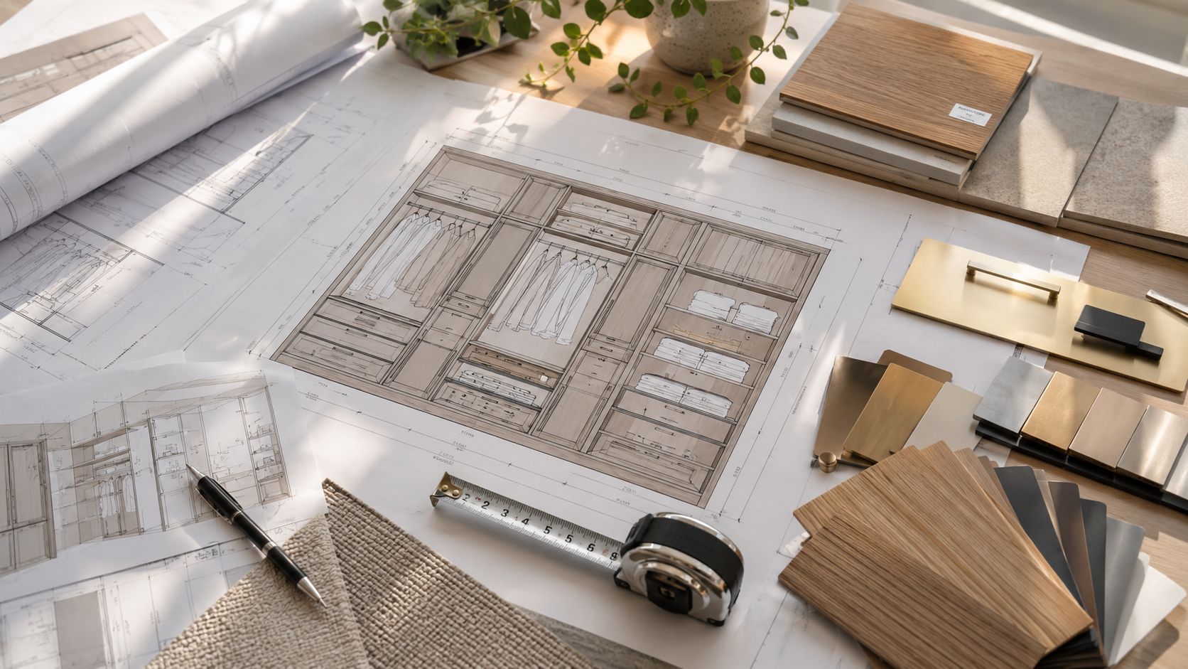 Tegninger af indbygget garderobe med materialeprøver, målebånd og pen på et arkitektbord af træ.