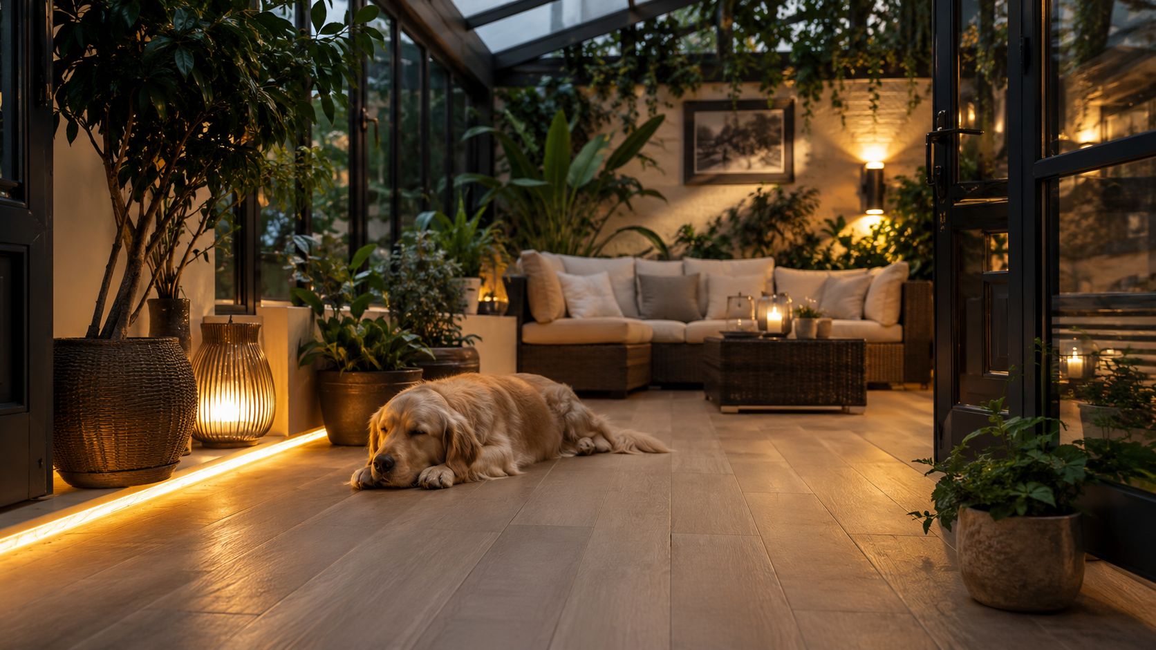 En gylden golden retriever sover fredeligt på et smukt trægulv i en moderne, hyggelig oplyst udestue