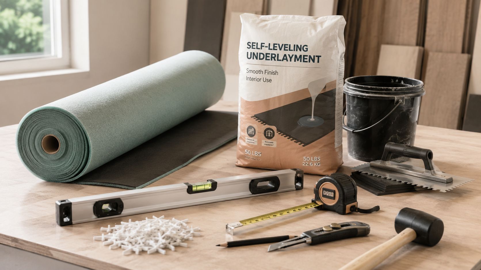 Diverse værktøj og materialer til lægning af nyt gulv placeret på en træoverflade klar til brug.