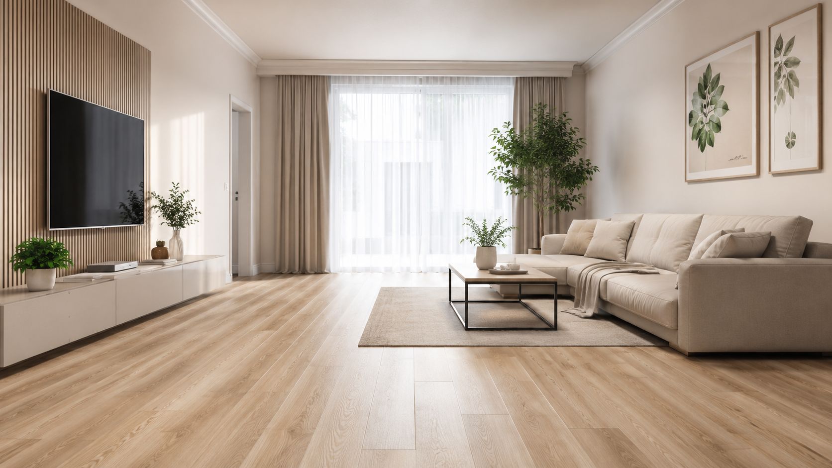En lys og moderne stue med laminatgulv, en rummelig beige sofa og elegante gardiner foran store vinduer.