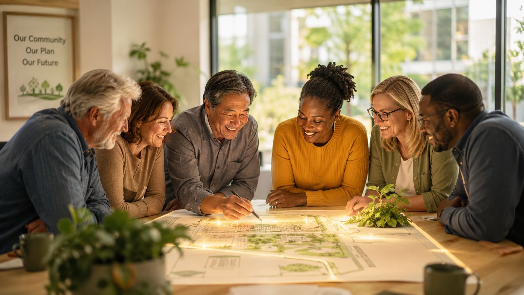 En mangfoldig gruppe mennesker samarbejder om en arkitektonisk tegning ved et bord med grønne planter.