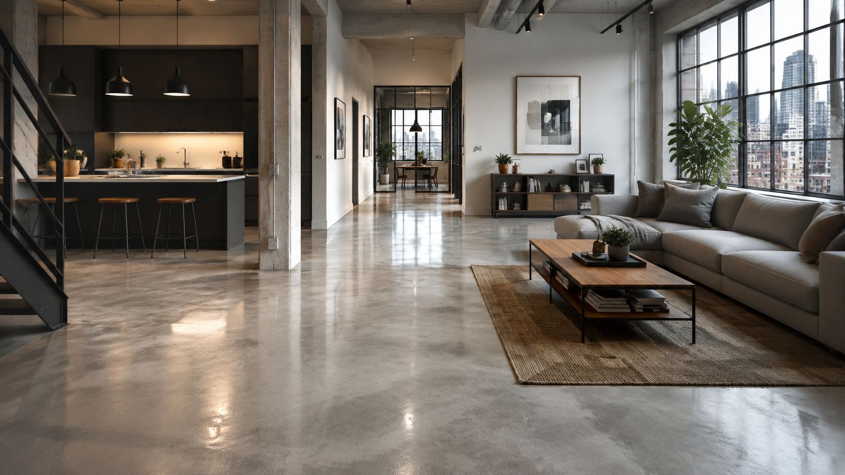 Moderne åben stue med New Yorker gulv, minimalistisk indretning og store vinduer med udsigt over byen