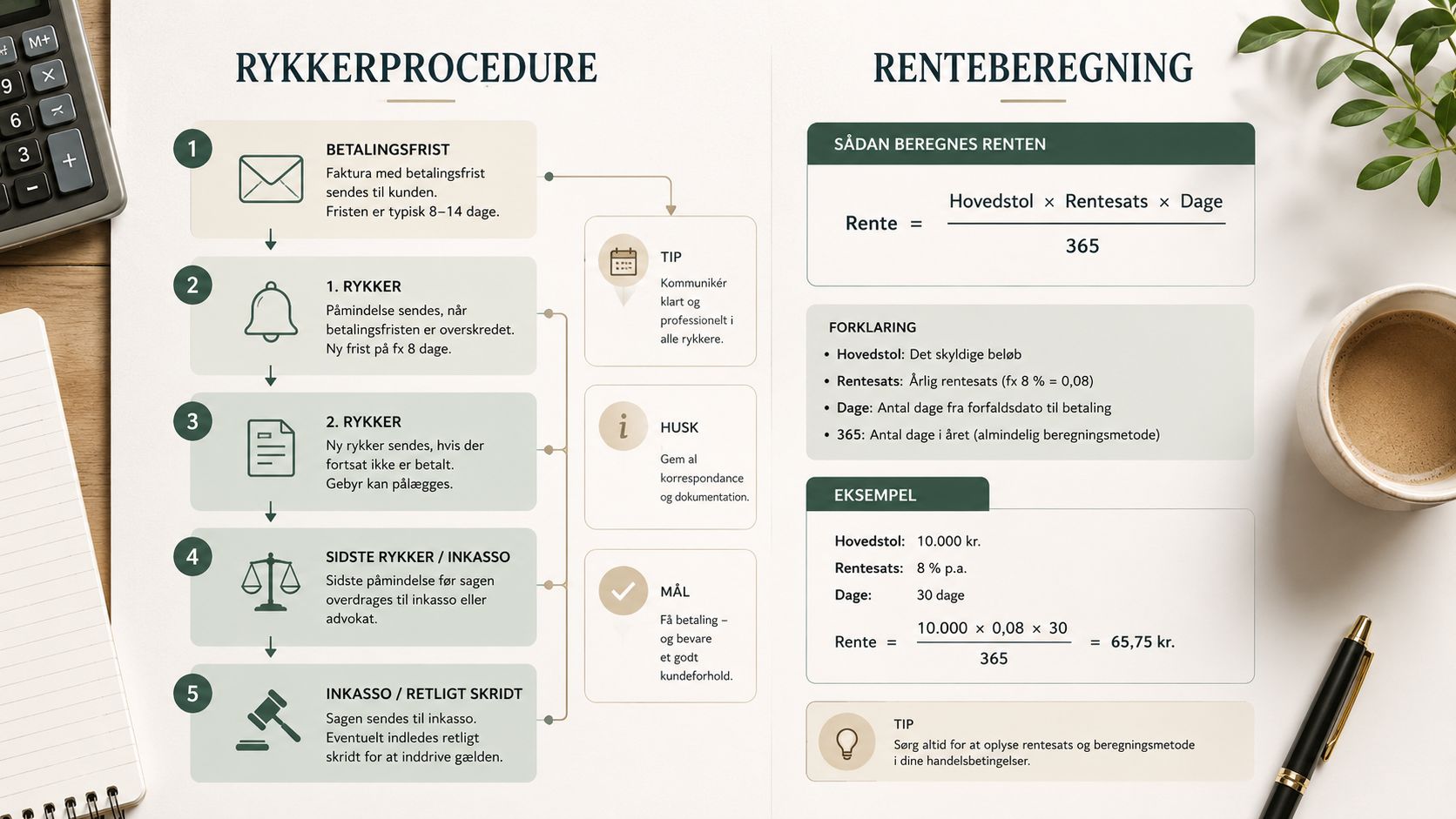 En infografik der viser rykkeproceduren ved manglende betaling samt en guide til hvordan man beregner renter.