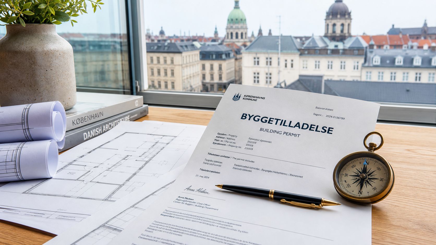 En byggetilladelse til en lejlighed i København ligger på et skrivebord med arkitekttegninger og et kompas.