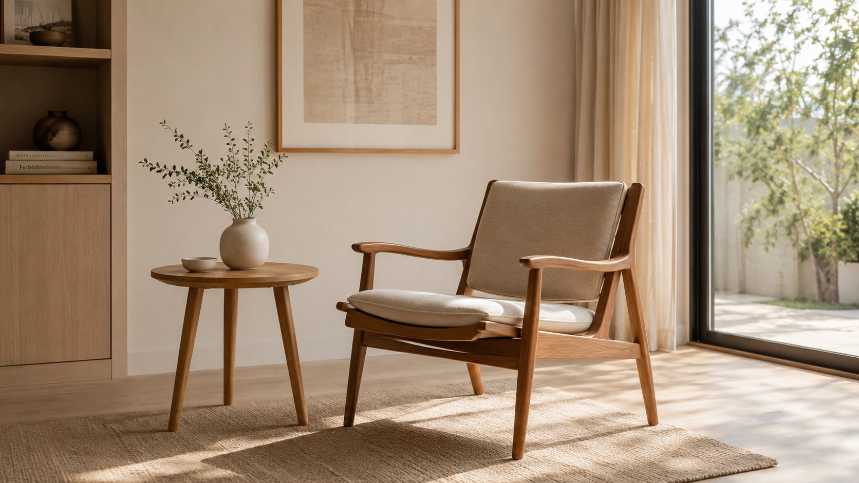 En elegant lænestol i træ og en lille sidebord med en vase i en lys skandinavisk stue.
