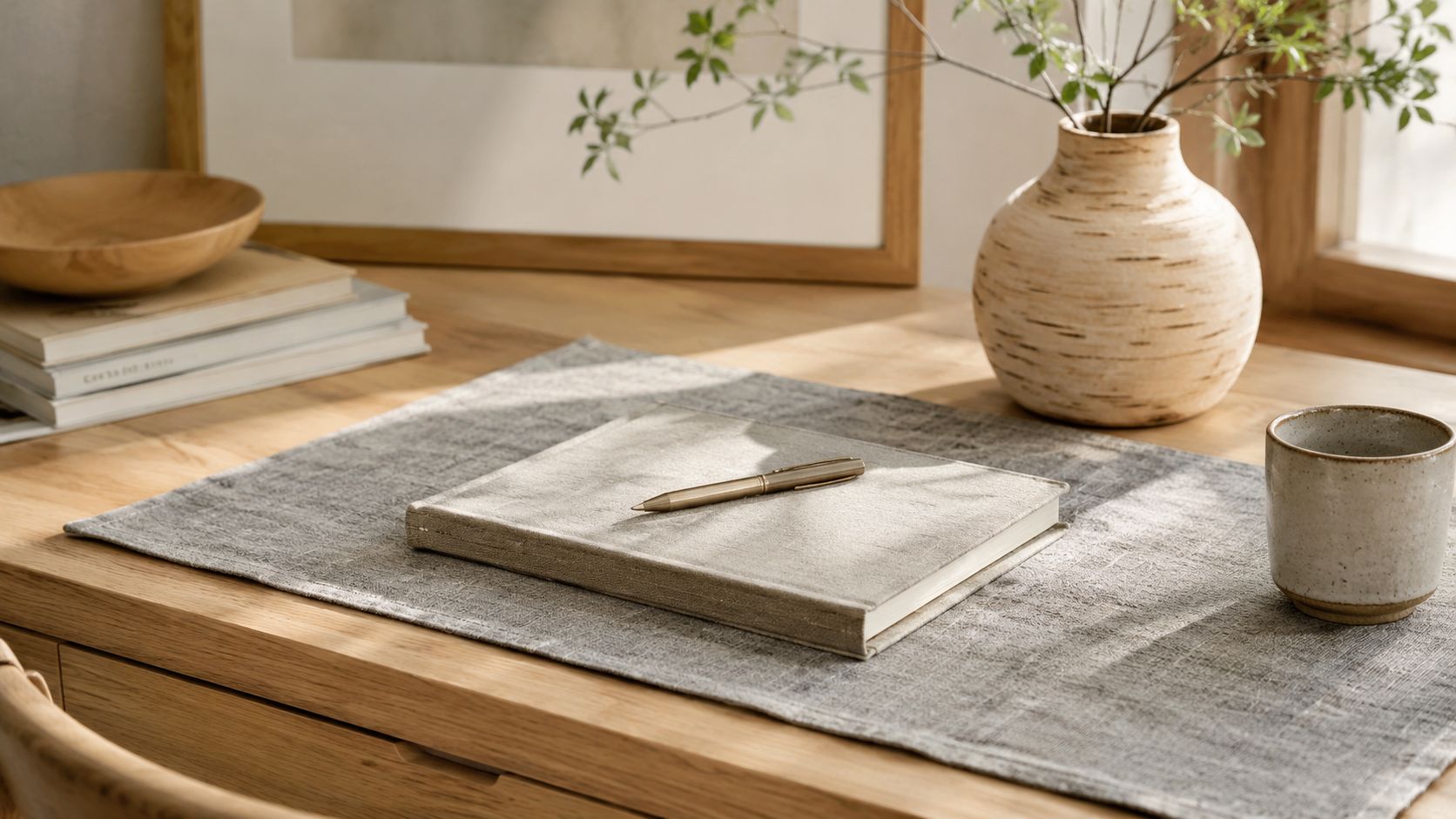 Et elegant skrivebord indrettet i skandinavisk stil med en notesbog, en kuglepen, en vase og en kop.