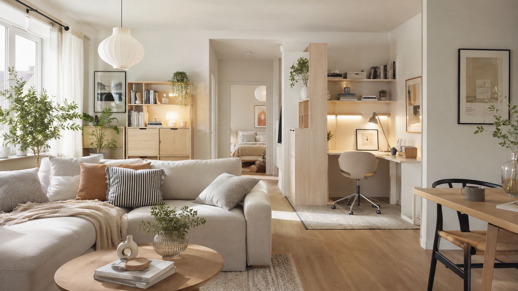 Hyggelig skandinavisk stue med sofa, arbejdsplads og naturlige materialer i et lyst og åbent hjem.