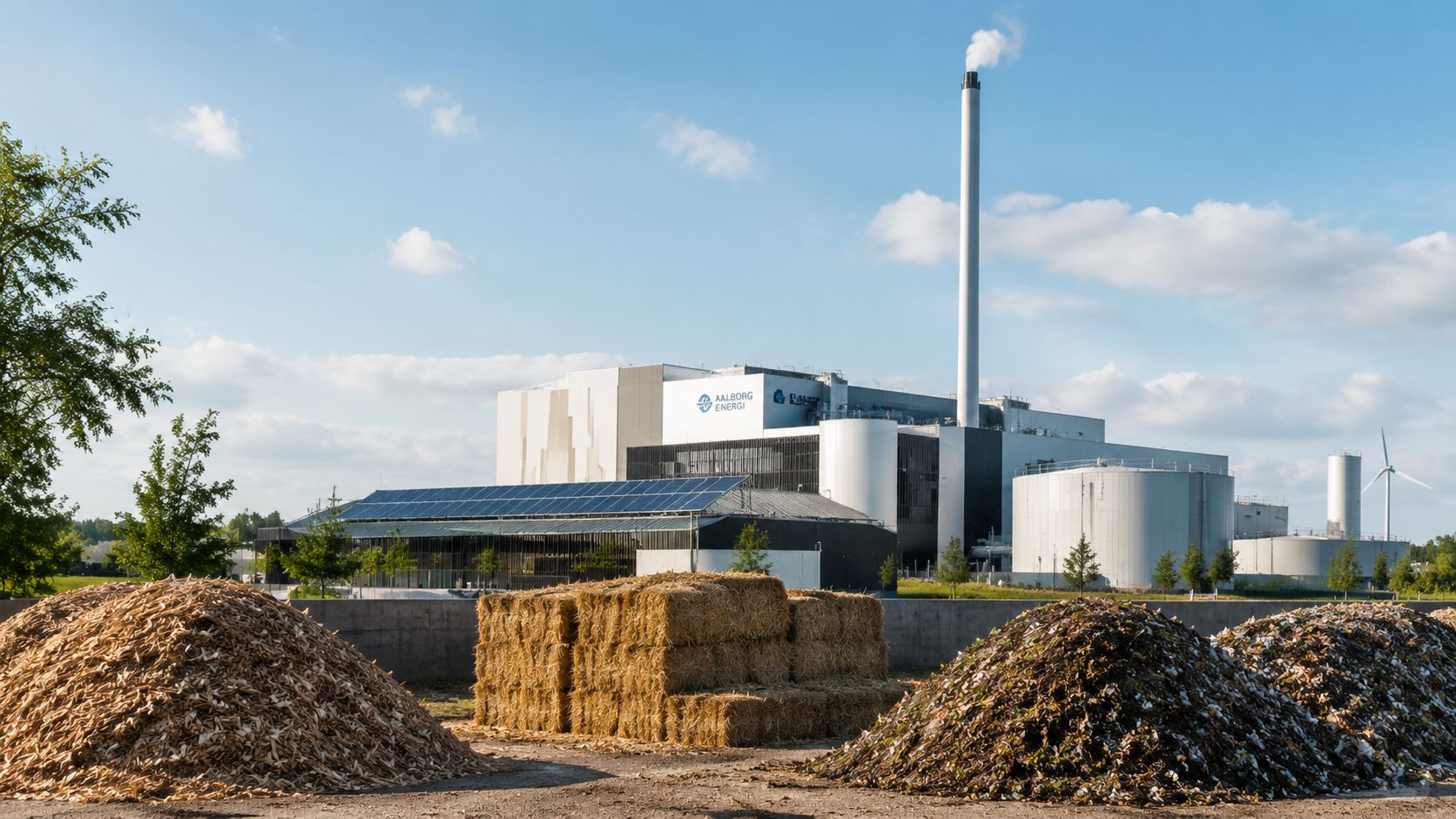 Et fjernvarmeværk i Aalborg med store bunker af biomasse, halmballer og en høj skorsten under blå himmel.