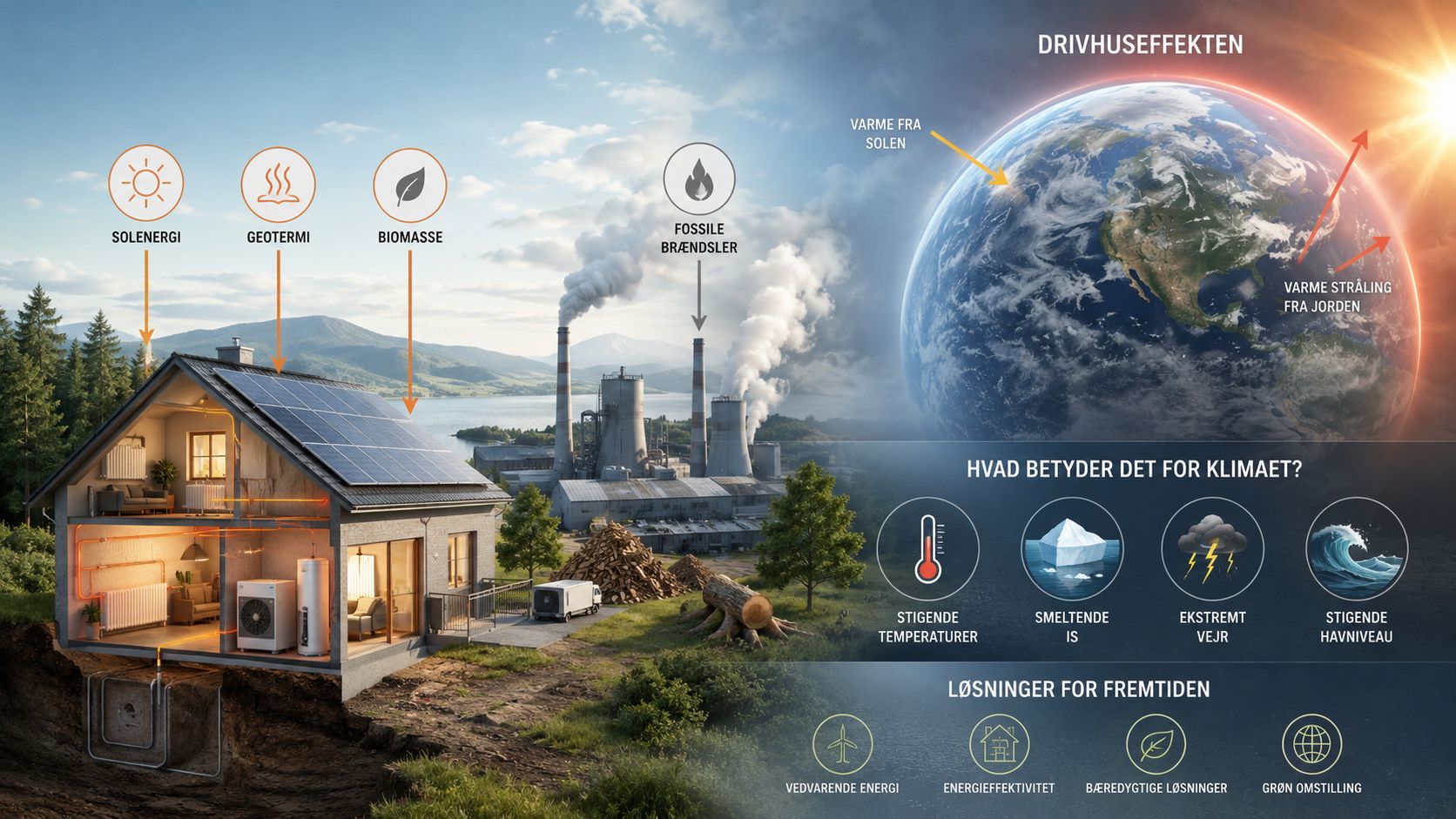 Illustration der viser sammenhængen mellem energikilder, drivhuseffekten, klimaforandringer og bæredygtige løsninger for fremtiden.